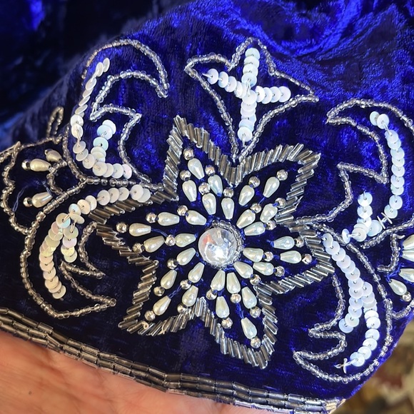 Vintage Blue Velvet Size Large Beaded Pearls Blazer Topper USA Made Event NYEve - Picture 10 of 12